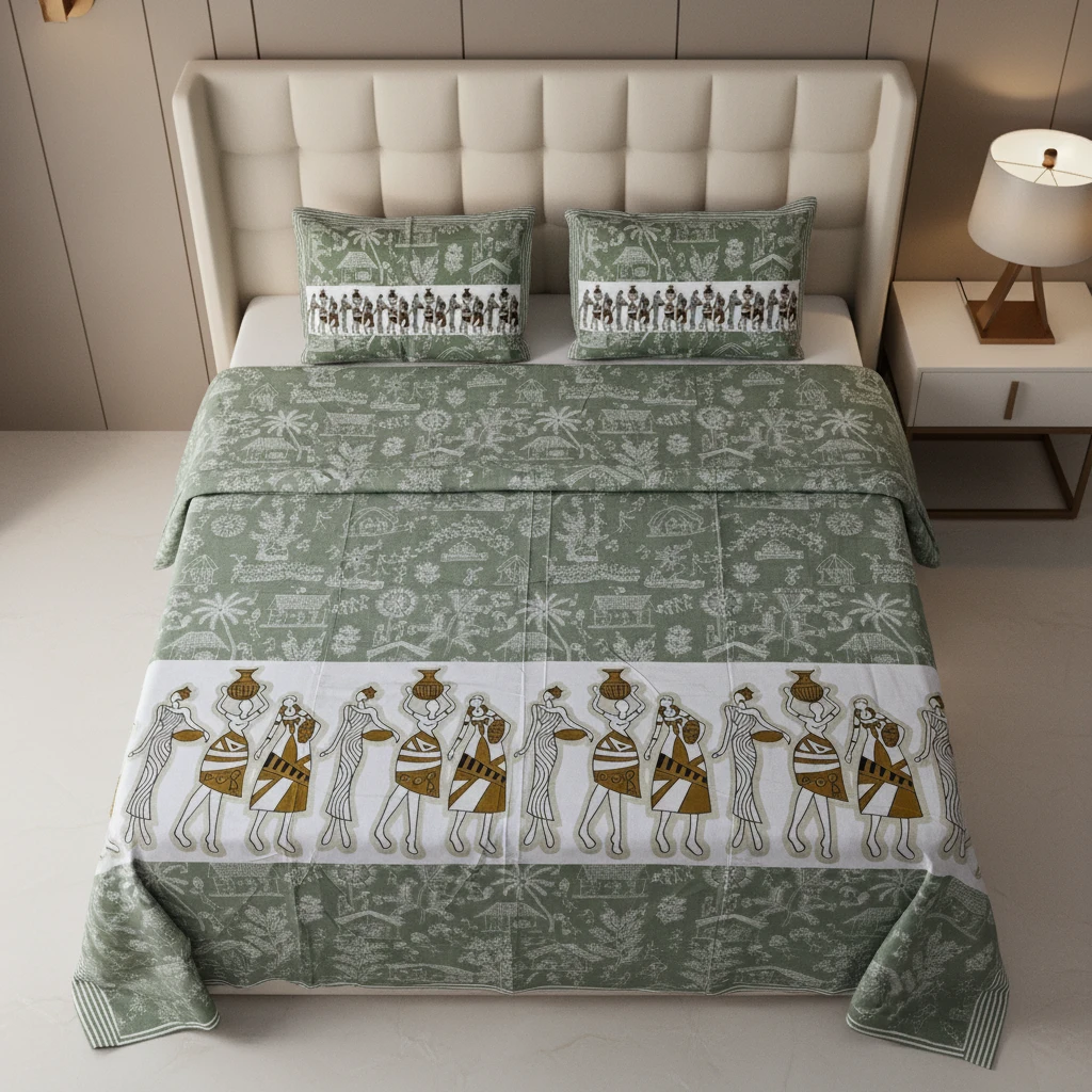 warli-art-inspired-cotton-bedsheet-set-ethnic-contemporary-blue-grey