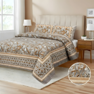 Desert Bloom Jaipuri Cotton Bedsheet – Beige & Caramel Floral | King Size 108×108