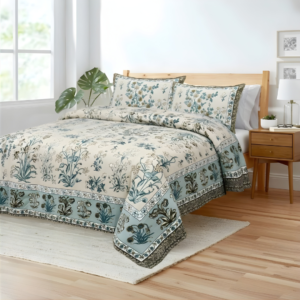 Ivory & Sage Blue Floral Jaipuri Cotton King Size Bedsheet (108×108) With 2 Pillow Covers