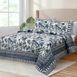 Indigo Garden Jaipuri Cotton Bedsheet – Blue & Ivory Floral | King Size 108×108