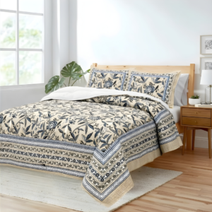 Beige & Navy Blue Floral Jaipuri Cotton King Size Bedsheet (108×108) With 2 Pillow Covers