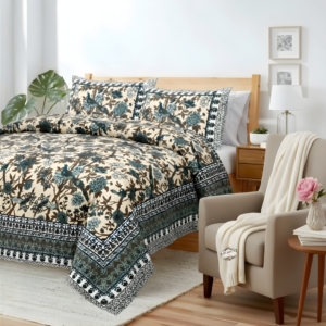 The Indigo Bloom: Authentic Jaipuri Hand-Block King Size Bedsheet (108" x 108")